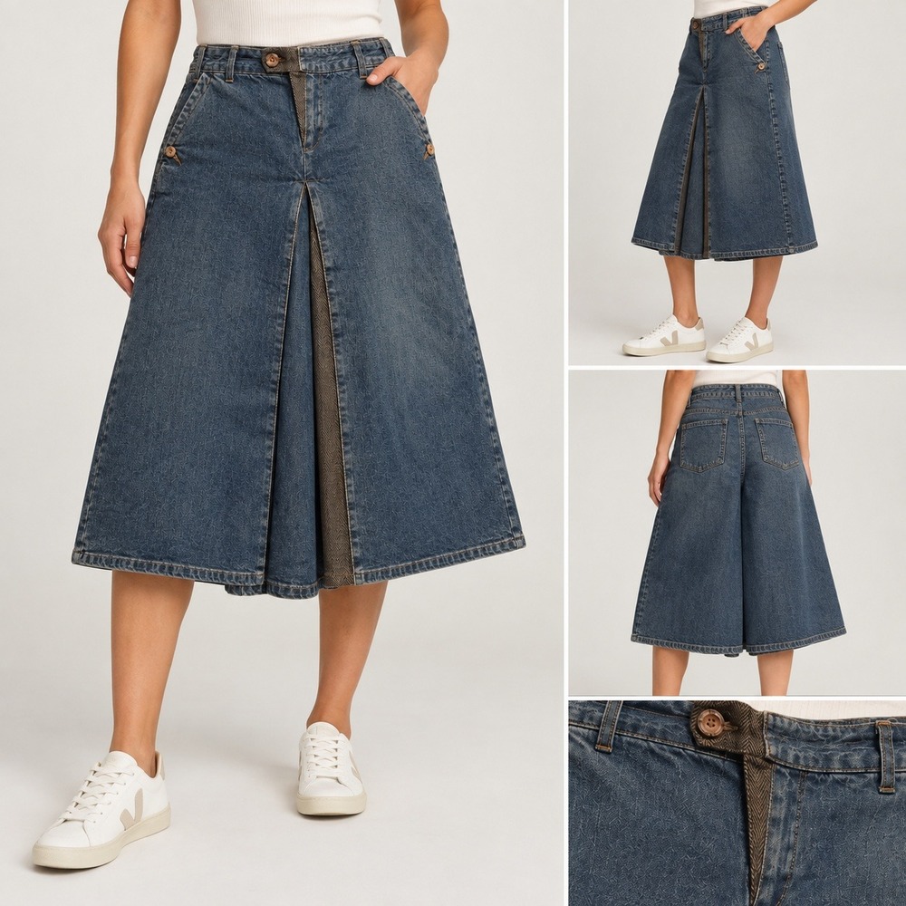 Mecca Femme Denim Culotte Shorts Blue Flare Wide Leg Waist 30- 9/10  Herringbone